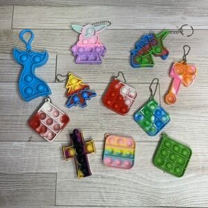 Lot of 11- Mini Pop It Keychain Fidget Toys Unicorn Tree Square Yoda Cross Tail